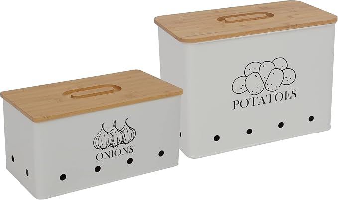 Potato Onion Storage Box, Food Container Sets, Storage Canisters for Vegeatables, Set of 2 Jars Pots Containers, Potato & Onion Bin with Aerating Tin Storage Holes & Bamboo Lid-White
