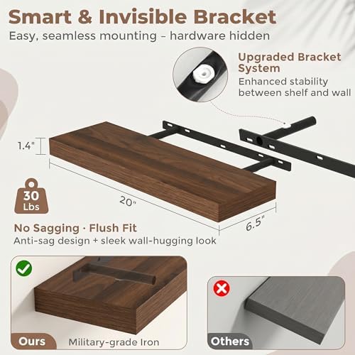 FLYJOE 20 Inch Floating Shelves for Wall Set of 2, 6.5" D Wood Grain Bathroom Shelves with Invisible Brackets, Easy Inst