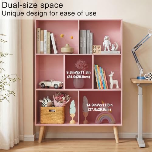 YAHARBO Light Pink Bookshelf,3 Tier Book Shelf with Legs, 7 Cube Minimalist Bookcase,Storage Organizer Shelves Display B