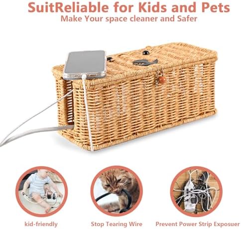 Cord hider box,Imitation rattan cable management organizer storage box with lid 2 open slots extension cord keeper charg