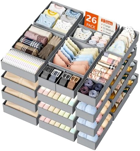 DIMJ Drawer Organizer Clothes Storage - 26 Pack Baby Dresser Organizer for Nursery, Foldable Closet Drawer Organizer Bins for Bedroom Organization, Fabric Storage Dividers for Socks, Underwears, Bras