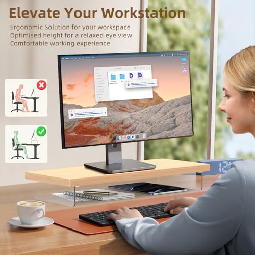Monitor Stand Riser, 25x10 in Wood & Acrylic Computer Desk Organizer Shelf