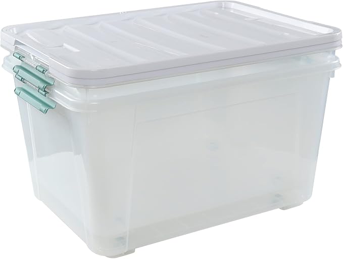 Gloreen Large Organizing Bin with Wheel, 4 Packs, 85 Quart Plastic Lidded Storage Box