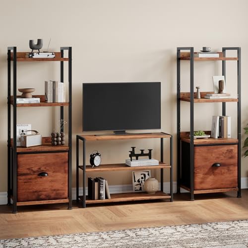 OLIXIS 4 Tier Bookshelf with Drawer, Narrow Freestanding Open Bookcase
