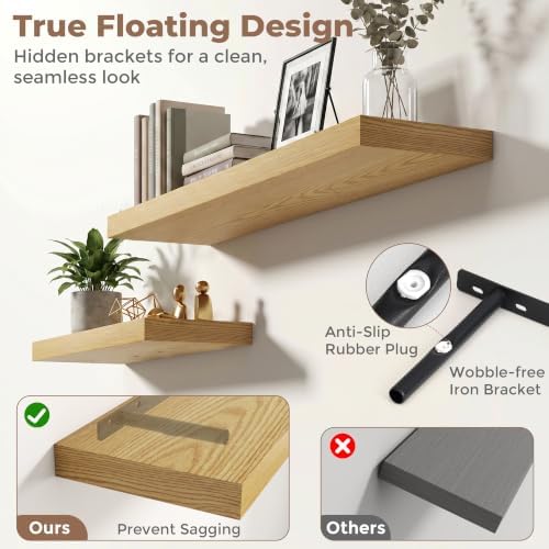 8 inch Deep Floating Shelves for Wall, 55" Wide, Oak Finish, 2-Pack