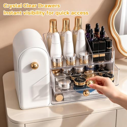 Makeup Organizer for Vanity: Skincare Organizers with Drawers & Brush Holder - Cosmetic Display Case Skincare Storage Bo