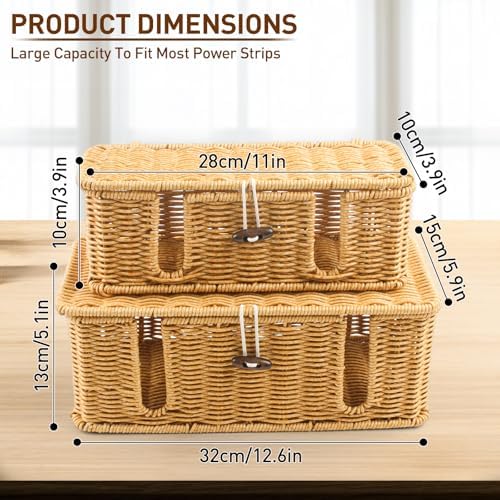 Cable Management Box - 2 Pack Cord Hider Organizer Boxs - Small & Medium Szie Power Cover Cord Box, Handwoven Rattan Cab