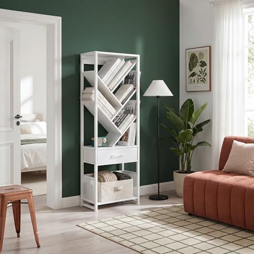 Bookshelf with Drawer,8 Tier Tree Bookcase Retro Floor Standing Bookshelves,Tall Wood Bookcases with Cabinet Storage Org