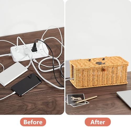 Cord hider box,Imitation rattan cable management organizer storage box with lid 2 open slots extension cord keeper charg