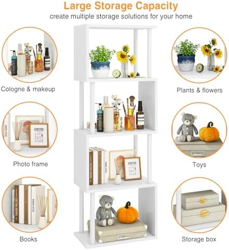 IBUYKE 5-Tier Tall Bookshelf,S-Shaped Geometric Bookcase,White WBC015W