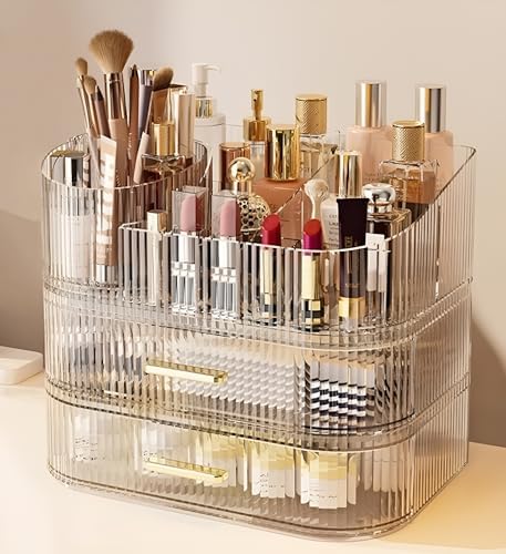 Large Makeup Organizer with Drawers, 360° Rotating Brush Holder