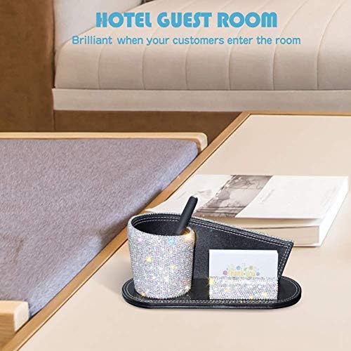 KEYPOWER Pen Pencil Holder Business Name Cards Decorative Bling Crystal Rhinestone PU Leather Gift for Women Girls (White)