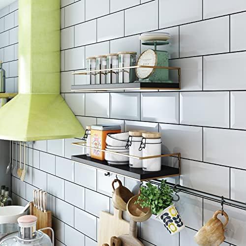 Shario Floating Shelves - Set of 2, Wall Mounted Hanging Shelves with Golden Towel Rack, Decorative Storage Shelves for 