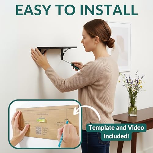 Willowy Reinforced Steel Bracket Black Wall Shelves for Bedroom - Easy to Install, Template and Video Included - Long Bl
