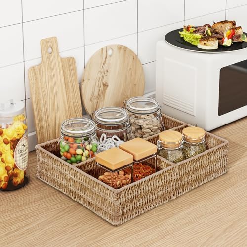 Vagusicc Wicker Divided Storage Basket, Wicker Baskets, Basket for Shelves Drawer Organizing, 3 Section Rectangular Wove