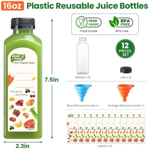 12 PACK, 16 OZ Reusable Thicker Plastic Juice Bottles with Caps, Leakproof
