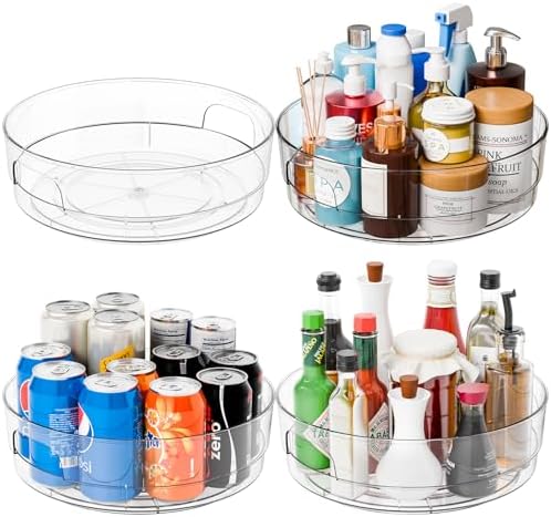 Yieach 4 Pack 12" W Clear Acrylic Lazy Susan Turntable for Cabinet,Refrigerator,Pantry and Kitchen - with Handle - Large