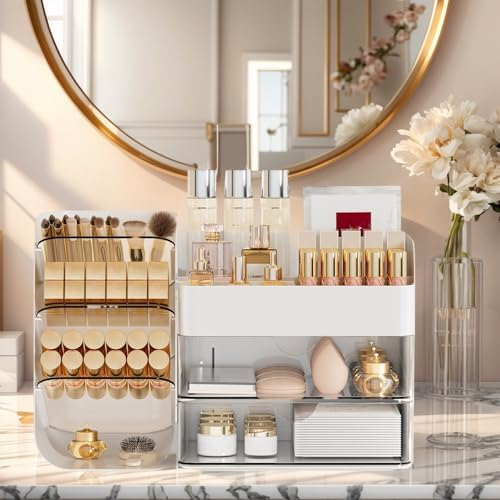 Makeup Organizer with 2 M Drawers & Brush Holders - Cosmetic Storage Case for Vanity, Bathroom Countertop & Desk - Skinc