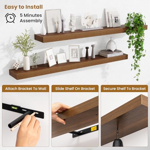 Fun Memories Floating Shelves 48 Inch, Extra Large Wood Shelf Set of 2, Hanging Wall Shelves for Bathroom, Living Room, 