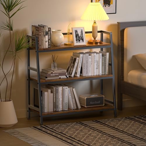 3-Tier Bookshelf, 31.4" Wide Ladder Shelf, Stand up Shelves, Industrial Bookcase with Steel Frame, Metal Small Bookcase,