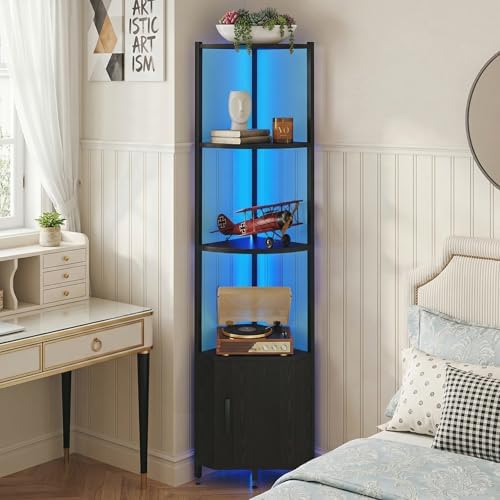 Corner Shelf with Storage, LED Lights 6-Tier Corner Bookshelf, 66'' Organizer Book Shelf Shelves Steel Frame Display Sta