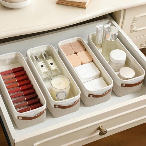 Bagnizer Small Fabric Storage Baskets, 15x6x5 inch Narrow Storage Bins 4-Pack Long Storage Basket for Organizing with Ha