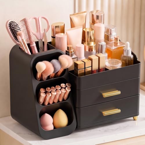 Large Capacity Makeup Organizer Countertop with Makeup Brush Holder for Vanity, Thickened Material, Bathroom Countertop 