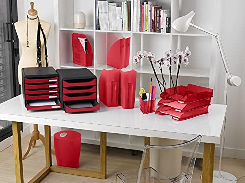 Exacompta - Ref 3097218D - BIG-BOX PLUS Desktop Drawer Set - 5 x 43mm Drawers, Suitable for A4+ Documents, 347 x 278 x 271mm, 100% Recycled Plastic - Black/Glossy Dark Red