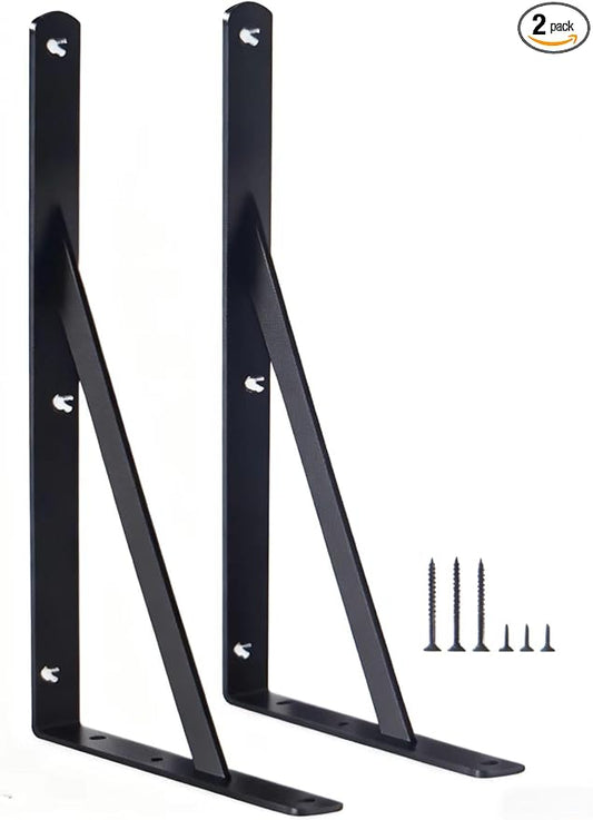 2 Pack L12 x H 8" Black Heavy Duty Shelf Brackets with Screws Metal Shelf Brackets Shelf Support Angle Brackets for Shelves L Brackets Heavy Duty Floating Shelf