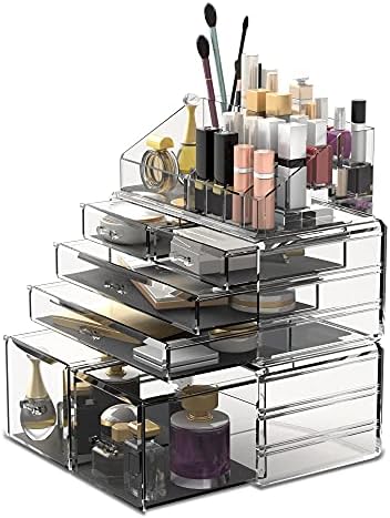 READAEER Makeup Organizer 3 Pieces Cosmetic Storage Case with 6 Drawers (Clear)