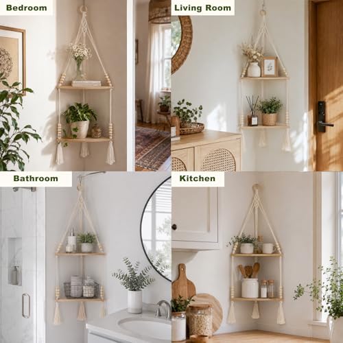 Artilady Macrame Wall Hanging Corner Shelf, Adjust Boho Storage Wall Decor