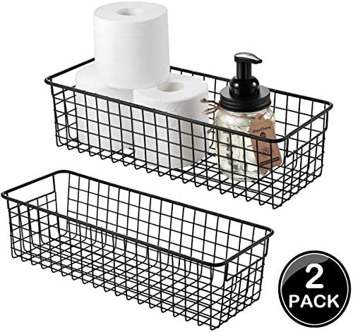 Sheechung Farmhouse Decor Metal Wire Storage Organizer Bin Basket(2 Pack) - Rustic Toilet Paper Holder - Storage Organizer for Bathroom, kitchen cabinets,Pantry, Laundry Room, Closets, Garage (Black)