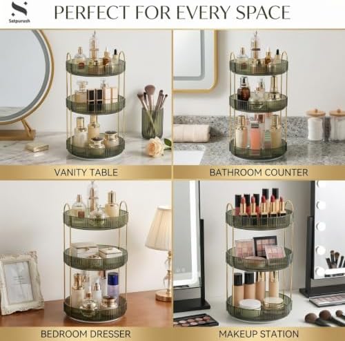 360° Rotating Makeup Organizer, 3 Tier Spinning Cosmetic Organizer for Vanity & Bathroom Countertop, Holds Tall Skincare
