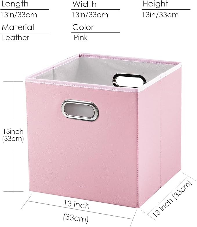 PRANDOM Leather Foldable Cube Storage Bins 13x13 inch [4-Pack] Fabric Storage Baskets Cubes Drawer with Cotton Handles Organizer for Shelves Nursery Closet Bedroom Clothes Pink
