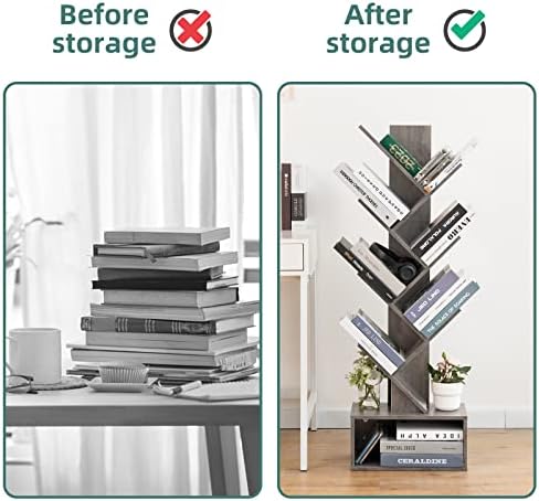 Yoobure Tree Bookshelf - 6 Shelf Retro Floor Standing Bookcase, Tall Wood Book Storage Rack for CDs/Movies/Books, Utilit
