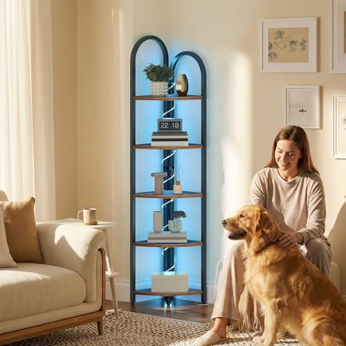 MAHANCRIS 5-Tier Corner Shelf with LED Light, 64.6'' Tall Corner Bookshelf, Narrow Storage Shelf with Metal Frame, for L