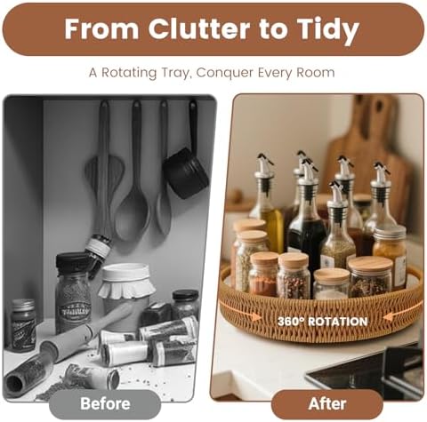 12 Inch Rattan Lazy Susan Organizer for Cabinet with Handles