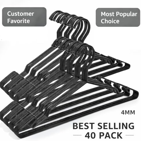 Black Metal Hangers, Heavy Duty Clothes Hangers with Non-Slip Grooves, Slim Space Saving Coat Hangers - 40 Pack Black