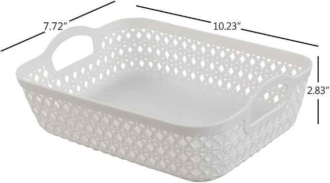 White Small Shallow Plastic Storage Tray with Handle, 6-Pack | Carry Handles, Durable Plastic Construction, Shallow Storage Tray, Multi-Purpose Basket, for Home Kitchen Bathroom