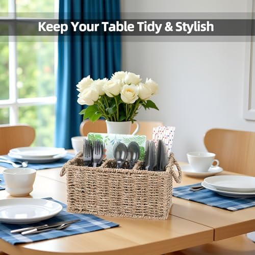 Wicker Party Silverware Caddy, Seagrass Plastic Cutlery Utensil Holder, Hand Woven with Handles, Kitchen Countertop and 
