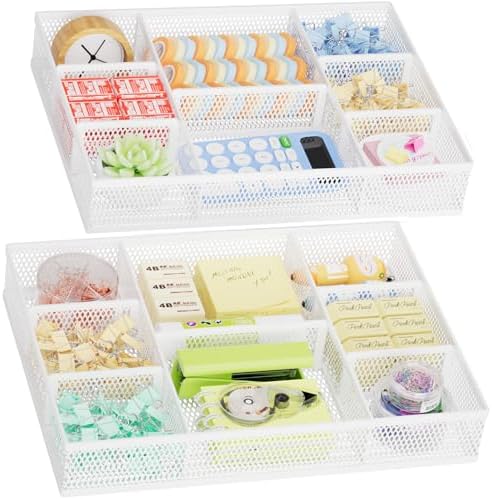 Marbrasse 2 Pack Desk Drawer Organizer, Mesh Drawer Organizer Tray with 8 Adjustable Compartments, Desk Organizers and Accessories, 5 Dividers for Office Supplies, Makeup & Vanity (White)