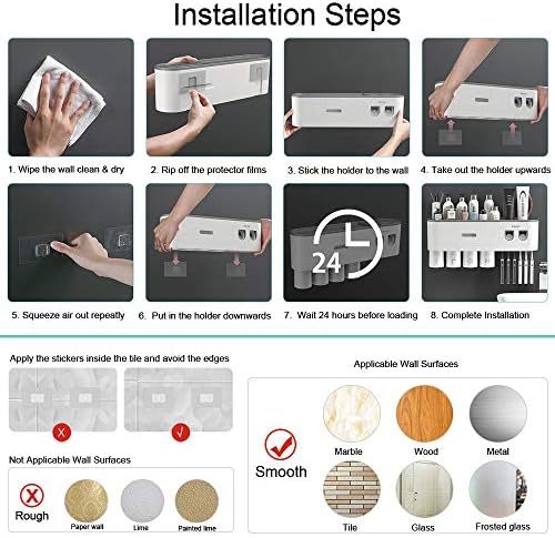Toothbrush Holders Wall Mounted, Toothbrush Holder with Automatic Toothpaste Dispensers, 6 Brush Slots, 3 Magnetic Cups,