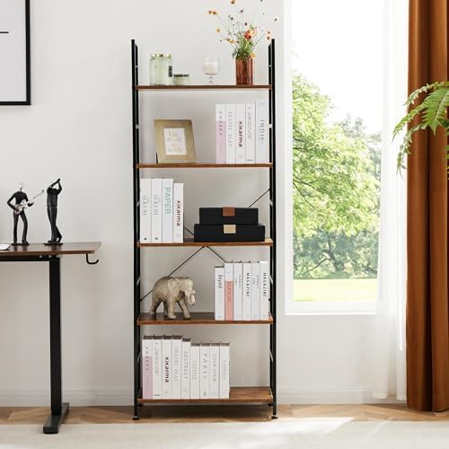 Sweetcrispy 5 Tier Bookshelf, Bookcase with Shelves, Brown