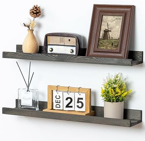 FLYJOE 24 Inches Floating Shelves for Wall, Solid Pine Wood Picture Ledge Shelves, Wall Shelves with Lips, Nursery Book Shelves for Toys Storage Living Room Bedroom Photo Frames (2 Pcs, Grey)
