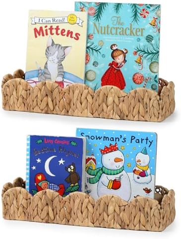 2 Pack Nursery Book Shelves, Scalloped Water Hyacinth Book Shelf for Kids Rooms, Handwoven Floating Book Shelves for Wall, 15.8” Wicker Hanging Bookshelf for Books, Toys, Photo Frames, Nursery decor