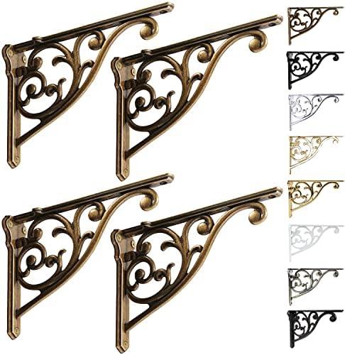 Shelf Brackets 8 Inch 4 Pack Heavy Duty Antique Brass Wall Bracket Victorian Kitchen Decorative Rack Shelves, Shelf Brac