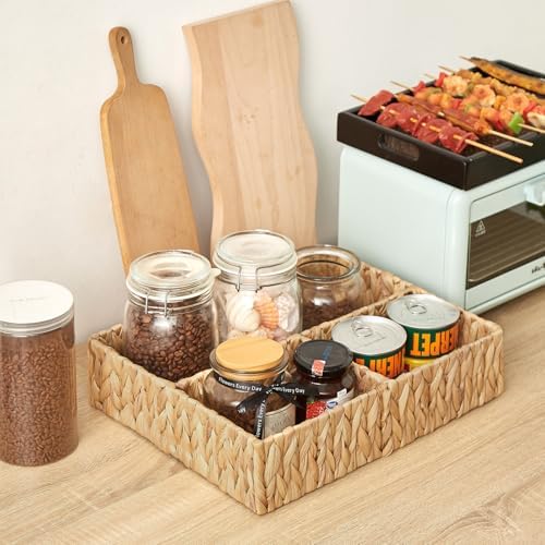 Vagusicc Wicker Divided Storage Basket, Hand-Woven Water Hyacinth Wicker Baskets, Basket for Drawer Organizing, 3 Sectio