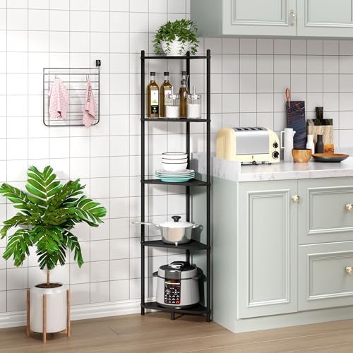 Corner Shelf Stand - 5 Tier Bamboo Small Corner Bookshelf for Office Kitchen Bedroom Plant Stand Living Room Decor Small