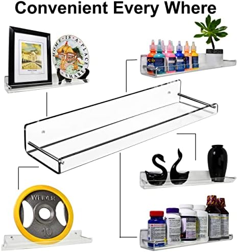 AMT 6 Pack Acrylic Floating Shelves, 15" L x 3.25" W, Clear Bathroom Wall Shelf, Bookshelves, Invisible Display for Offi
