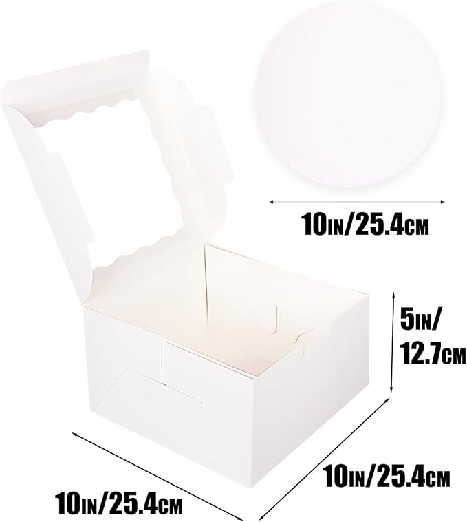 qiqee 10x10x5 Cake Box, 4 Sets White Cake Box with Window ＆ 4 Sets 10" White Cake Round Boards, 10inch Cake Containers